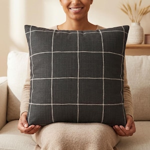 Black and White Plaid Pillow Cover, Neutral Check Throw Pillowcase, Dark Farmhouse Couch Cushion Case, Modern Rustic Fall Home Decor Gift