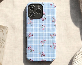 Blue Floral Plaid iPhone Case, Cottagecore Aesthetic Vintage Pattern, Soft Girl Shabby Chic MagSafe Tough Protective Cover Gift for Her
