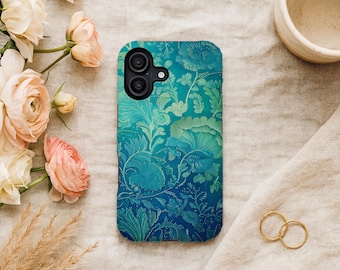 Teal Toile iPhone Case, Vintage Floral Botanical Pattern, Elegant Nature-Inspired Everyday Accessory, MagSafe Compatible Gift for Her Style