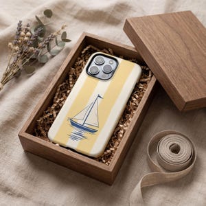 Nautical Phone Case, Yellow Stripe Sailboat, Coastal Grandmillennial iPhone Samsung Galaxy Pixel Cover, Beach House Summer Aesthetic Gift image 2