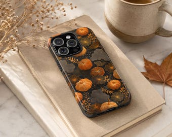 Black Pumpkin Floral Phone Case, Vintage Botanical Moody iPhone Cover, Elegant Autumn Flowers Samsung Galaxy Pixel MagSafe Tough Case Gift