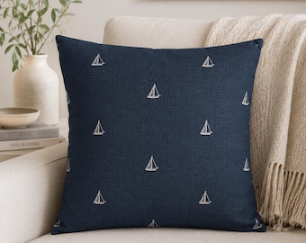 Nautical Pillow Cover, Navy Sailboat Throw Pillowcase, Minimalist Coastal Beach House Cushion Case, Lake House Sofa Decor Gift for Her Him