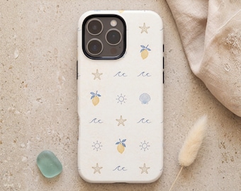 Minimal Coastal Phone Case for Women, Lemon Mediterranean Aesthetic iPhone Case, Beach Icon Pattern Samsung Galaxy MagSafe Tough Cover Gift