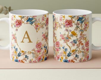 Personalized Floral Monogram Mug, Custom Initial Coffee Cup Gift for Her, Chinoiserie Aesthetic, Bridal Shower or Mother’s Day Present Idea