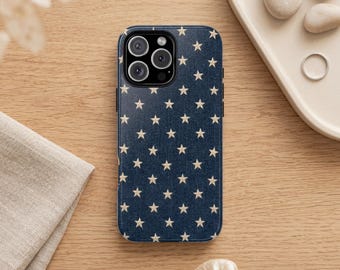 Denim Navy Star Phone Case, Americana iPhone Cover, Vintage Blue Stars Style Rustic Farmhouse Samsung Galaxy Pixel Neutral Patriotic Gift