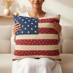 Polka Dot American Flag Pillow Cover, Vintage Patriotic Decor, Americana Throw Pillowcase,  Farmhouse Rustic 4th of July Cushion USA Gift