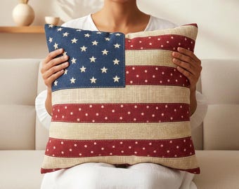 Polka Dot American Flag Pillow Cover, Vintage Patriotic Decor, Americana Throw Pillowcase,  Farmhouse Rustic 4th of July Cushion USA Gift