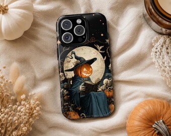 Pumpkin Witch Phone Case, Jack-O'-Lantern Reading iPhone Cover, Gothic Halloween Full Moon Design, Samsung Galaxy Pixel MagSafe Tough Gift