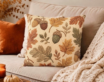Faux Woven Fall Acorn Leaves Pillow Cover, Cozy Autumn Cushion Case, Neutral Thanksgiving Decor, Rustic Cottagecore Throw Pillowcase Gift