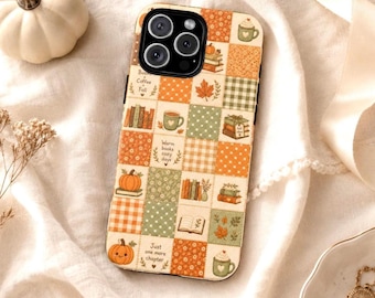Cozy Bookish Fall Phone Case, Faux Patchwork Autumn iPhone, Pumpkin Coffee Cottagecore Galaxy Pixel MagSafe Tough Cover Gift for Book Lover