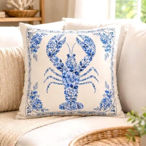 Lobster Hydrangea Pillow Cover, Coastal Throw Pillowcase, Blue White Chinoiserie Decor, Nautical Beach House Cushion Case, Cape Cod Accent