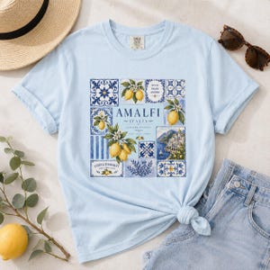 Amalfi Tile Lemon Shirt, Italy Vacation Outfit, Italian Ceramic Mediterranean Pattern T-Shirt Coastal Europe Amalfi Coast Top Gift for Women Chambray Blue