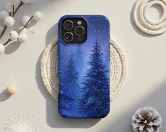 Midnight Pine Snow iPhone Case, Winter Forest Night Sky Aesthetic Gift for Her or Him, Cozy Nature Art Durable Tough Cover MagSafe 13-17 Pro