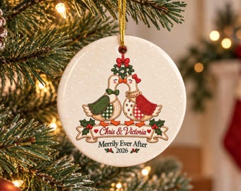 Personalized Christmas Goose Couple Ornament, First Christmas Together Keepsake, Merrily Ever After Gift, Custom Name Newlywed Holiday Decor