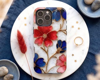 Red White Blue Americana iPhone Case, Patriotic Floral Aesthetic, Elegant Summer Style, Chic USA Inspired MagSafe Tough Phone Cover Gift