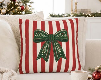 Christmas Bow Pillow Cover, Green Ribbon Striped Holiday Cushion Case, Preppy Christmas Throw Pillowcase, Cottage Festive Home Decor Gift