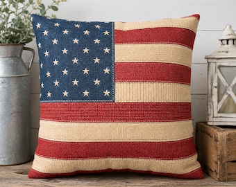 American Flag Pillow Cover, Vintage Americana Decor Patriotic Throw Pillowcase, Farmhouse 4th of July Rustic USA Cushion Independence Day