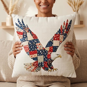 Eagle Faux Patchwork Pillow Cover, American Patriotic USA Decor, Red White Blue Farmhouse Cushion, Vintage Rustic July 4th Throw Pillowcase