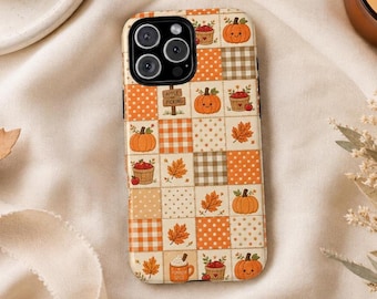 Pumpkin Patch Phone Case, Faux Patchwork Fall iPhone, Apple Picking Cottagecore Samsung Galaxy Pixel MagSafe Tough Cover Autumn Harvest Gift