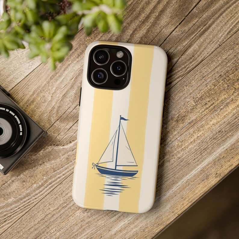 Nautical Phone Case, Yellow Stripe Sailboat, Coastal Grandmillennial iPhone Samsung Galaxy Pixel Cover, Beach House Summer Aesthetic Gift image 3