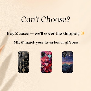 May include: Three phone cases with unique designs. One case is black with gold geometric shapes, another features a pattern of red and pink hearts, and the third depicts a night landscape with a crescent moon.