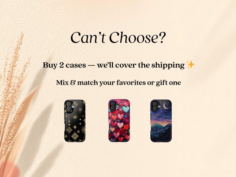May include: Three phone cases with unique designs. One case is black with gold geometric shapes, another features a pattern of red and pink hearts, and the third depicts a night landscape with a crescent moon.