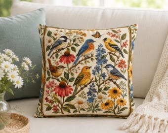 Colorful Songbirds Pillow Cover, Wildflower Garden Birds Throw Pillowcase, Cottagecore Nature Home Decor Botanical Floral Cushion Case Gift