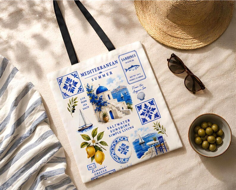 Santorini Greece inspired tote bag with Mediterranean coastal artwork featuring blue and white tiles, lemons, sailboats, seaside scenery, and vintage Greek summer illustrations.