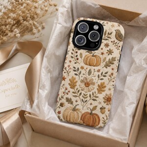 Faux Embroidered Pumpkin Phone Case, Autumn Bird Floral iPhone Cover, Cottagecore Fall Design for Samsung Galaxy Pixel MagSafe Tough Case image 3