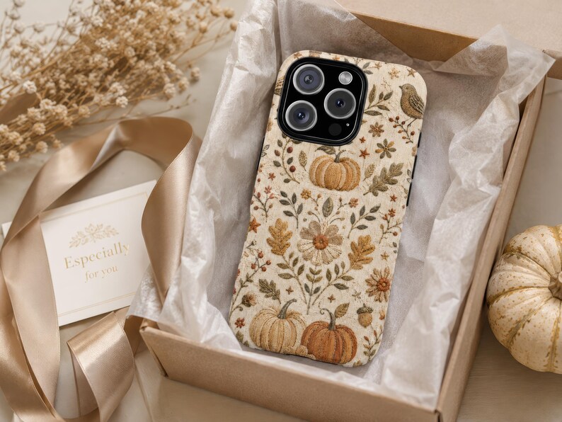Faux Embroidered Pumpkin Phone Case, Autumn Bird Floral iPhone Cover, Cottagecore Fall Design for Samsung Galaxy Pixel MagSafe Tough Case image 3
