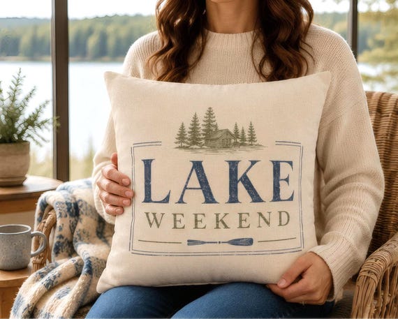 Lake Weekend Pillow Cover, Rustic Lake House Throw Pillowcase, Cabin Cottage Lodge Decor, His & Hers Cabincore Home Accent Cushion Case Gift