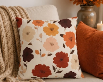 Retro Floral Pillow Cover, Autumn Flower Throw Pillowcase, Mid Century Modern Fall Decor, Boho Floral Cushion Case, Warm Neutral Home Gift