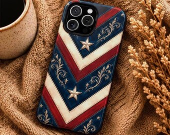 Western Americana Phone Case, Cowgirl Faux Leather iPhone Galaxy Pixel MagSafe Tough Cover, Rustic Patriotic Chevron Star Gift for July 4th