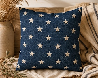 Navy Star Pillow Cover, Americana Decor, Vintage Coastal Farmhouse Throw Pillowcase, Rustic Patriotic Stars Cushion, USA Home Accent Gift