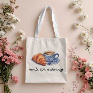 Croissant and Espresso Cup Tote Bag with European Portuguese Print for Morning Person Coffee Shop Breakfast Lover Gift for Her or Him