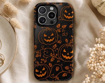 Black Jack-O'-Lantern Phone Case, Orange Pumpkin Vine iPhone Cover, Faux Leather Gothic Halloween Samsung Galaxy Pixel MagSafe Tough Gift