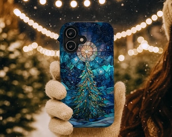 Christmas Tree iPhone Case with Stained Glass Effect- Stocking Stuffer Gift for Her, MagSafe 13 to 17 Plus Pro Max Air Winter Forest Cover