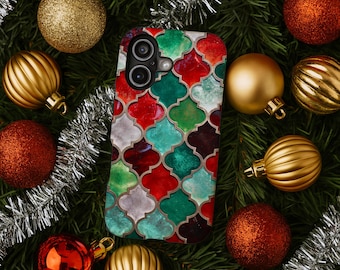 Christmas Pattern iPhone Case- Her Stocking Stuffer Gift with Stained Glass Effect Moroccan Lamp Mosaic, MagSafe 13 14 15 16 17 Phone Cover