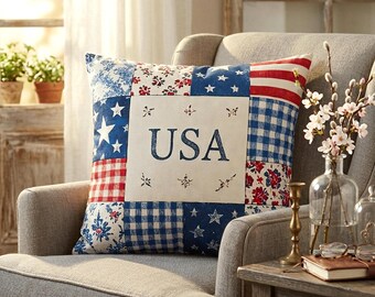 USA Faux Patchwork Pillow Cover Americana Style, Patriotic Farmhouse Cushion, Vintage Red White Blue Rustic Decor, July 4th Throw Pillowcase