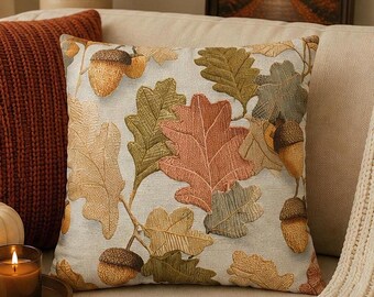 Faux Embroidered Fall Pillow Cover, Autumn Leaves Cushion Case, Neutral Acorn Throw Pillowcase Cozy Thanksgiving Rustic Farmhouse Decor Gift
