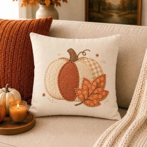 Neutral Fall Pumpkin Pillow Cover, Faux Patchwork and Faux Embroidered Throw Pillowcase Farmhouse Decor, Cozy Autumn Leaf Cushion Case Gift