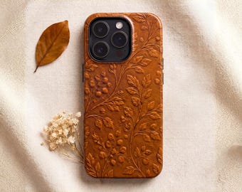 Botanical Phone Case, Faux Leather Embossed Leaf iPhone Cover, Rustic Autumn Design for Samsung Galaxy Pixel MagSafe Tough Fall Gift for Her