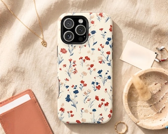 Americana Floral Phone Case, Red White Blue Ditsy Flower iPhone Cover, Vintage Cottagecore Patriotic Samsung Galaxy Pixel MagSafe Tough Gift