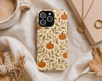 Vintage Pumpkin Floral Phone Case, Autumn Botanical Vine Design, Cottagecore Fall Tough Cover for iPhone Samsung Galaxy Pixel MagSafe Style