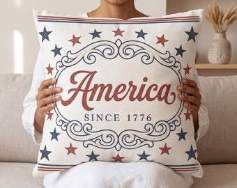 Patriotic America 1776 Pillow Cover, Vintage Americana Decor, Red White Blue Stars Throw Pillowcase, July 4th Statement Cushion Case Gift