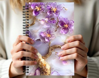 Purple Plum Blossoms Spiral Notebook: Gold Marble Effect & Faux Stained Glass Gift For Her- Daily Reflections or Creative Writing Journal