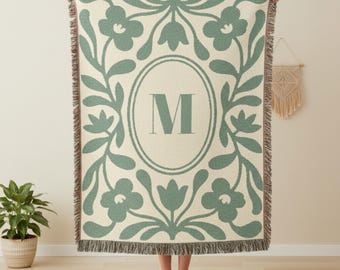 Sage Green Monogram Woven Blanket, Personalized Botanical Throw, Neutral Farmhouse Home Decor, Custom Initial Gift, Blue Cozy Cottage Style