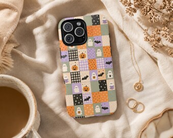 Faux Patchwork Halloween Phone Case, Cute Ghost Pumpkin Bat iPhone Cover, Cozy Spooky Samsung Galaxy Pixel MagSafe Tough Gift for Book Lover