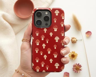 Red Mushroom iPhone Case, Whimsical Cottagecore with Hearts, Galentine's Day & Valentine Gift, Everyday Style Self-Love, MagSafe Compatible