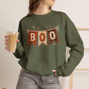 Faux Patchwork Boo Sweatshirt, Halloween Pennant Flag Crewneck Sweater, Plaid Applique Style Pullover for Women, Spooky Season Gift for Her